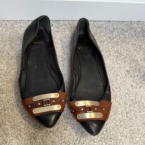 Brian Atwood Women's 7.5 Black Leather Pointed Toe Metal Accent Flats Formal